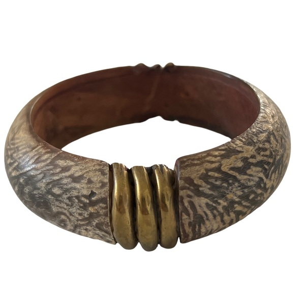 Wooden Brown & Gold Bangle Bracelet - Picture 2 of 7